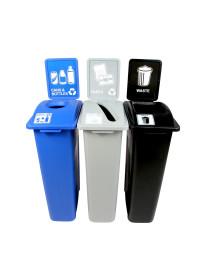 WASTE WATCHER - Triple - Cans & Bottles-Paper-Waste - Circle-Slot-Full - Blue-Grey-Black